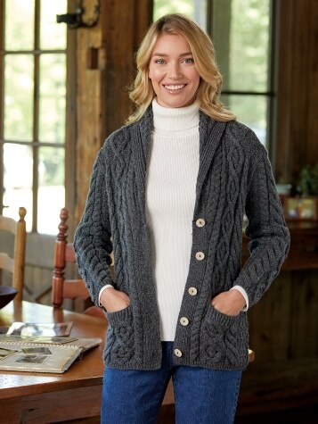 Womens Shawl Collar Sweater | Irish Wool Cardigan in Charcoal