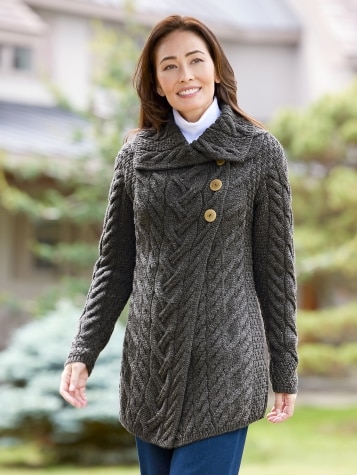 Womens Cable Knit Wool Cardigan with Shawl Collar