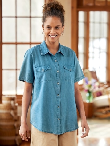 Women's Classic Short-Sleeve Chambray Shirt - Blue Denim - Large - The Vermont Country Store
