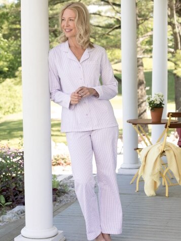 Womens Cotton Seersucker Pajamas - Classic Stiped PJs