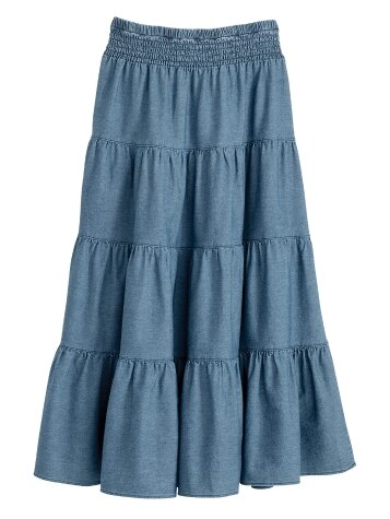 Pull-On Tiered Cotton Denim Skirt with Elastic Waist