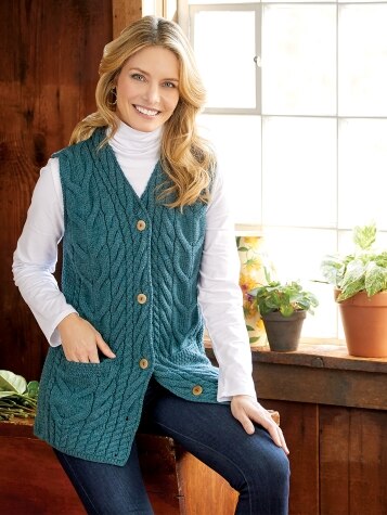 Button Front Irish Sweater Vest in Merino Wool