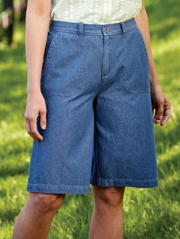 Womens Contrast-Stitch Denim Shorts