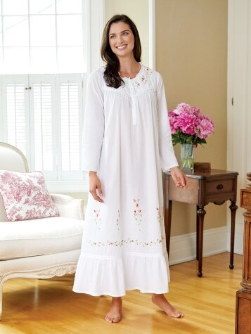 Embroidered White Nightgown | Womens Woven-Cotton Nightdress