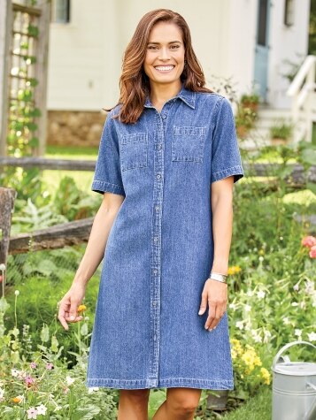 Short Sleeve Denim Dress with Button Front
