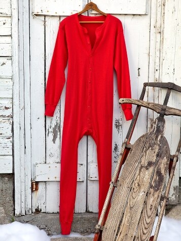 Mens Red Union Suit with Seat Flap Cotton Long