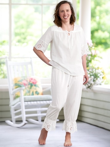 White Cotton Ruffle Capri Pajamas | Ella Simone Pajamas