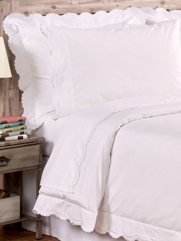 Cotton Percale Double Scalloped Embroidered Sheet Set