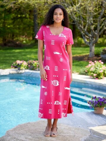 M MAC Ankle Length Rock Fish Dress - Column-Style Maxi Dress in Fuchsia Rose