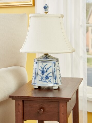 Blue and White Floral Patterned Porcelain Tea Jar Table Lamp