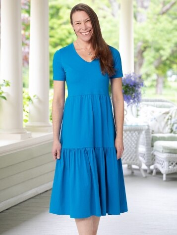 Women's Double-Tier Cotton Knit Dress | Elbow-Length Sleeves