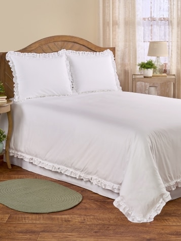 Cotton Percale Double Ruffle Duvet Cover and Pillow Sham Set