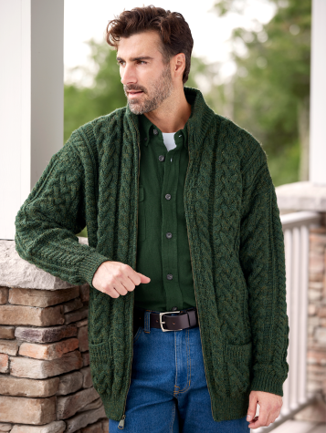 Mens Full Zip Irish Wool Cable Knit Cardigan