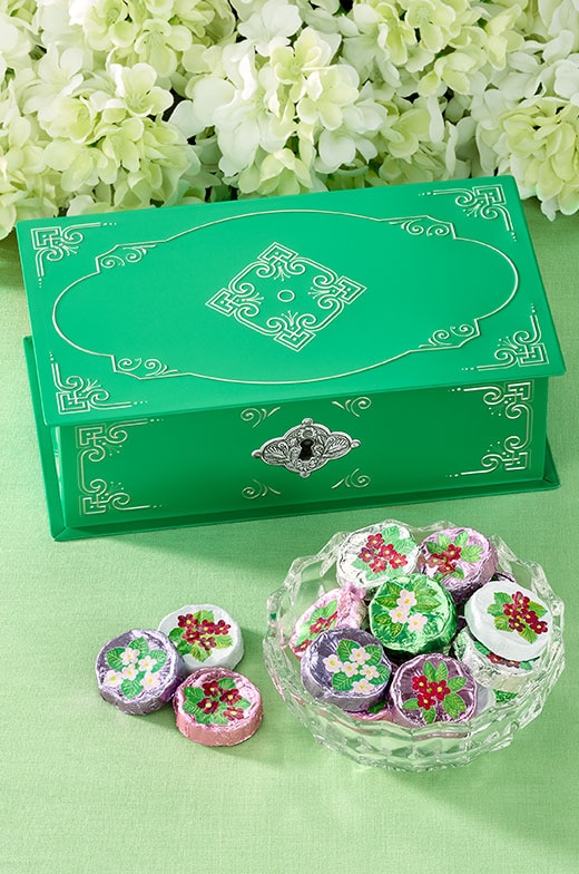 Green Filagree Tin With Foiled Milk Chocolate Violets