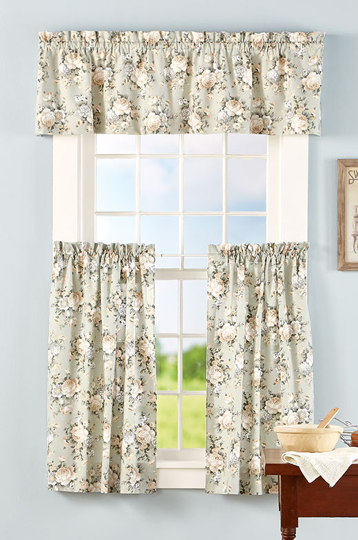 Tapestry Rose Rod Pocket Tiers and Tailored Valance